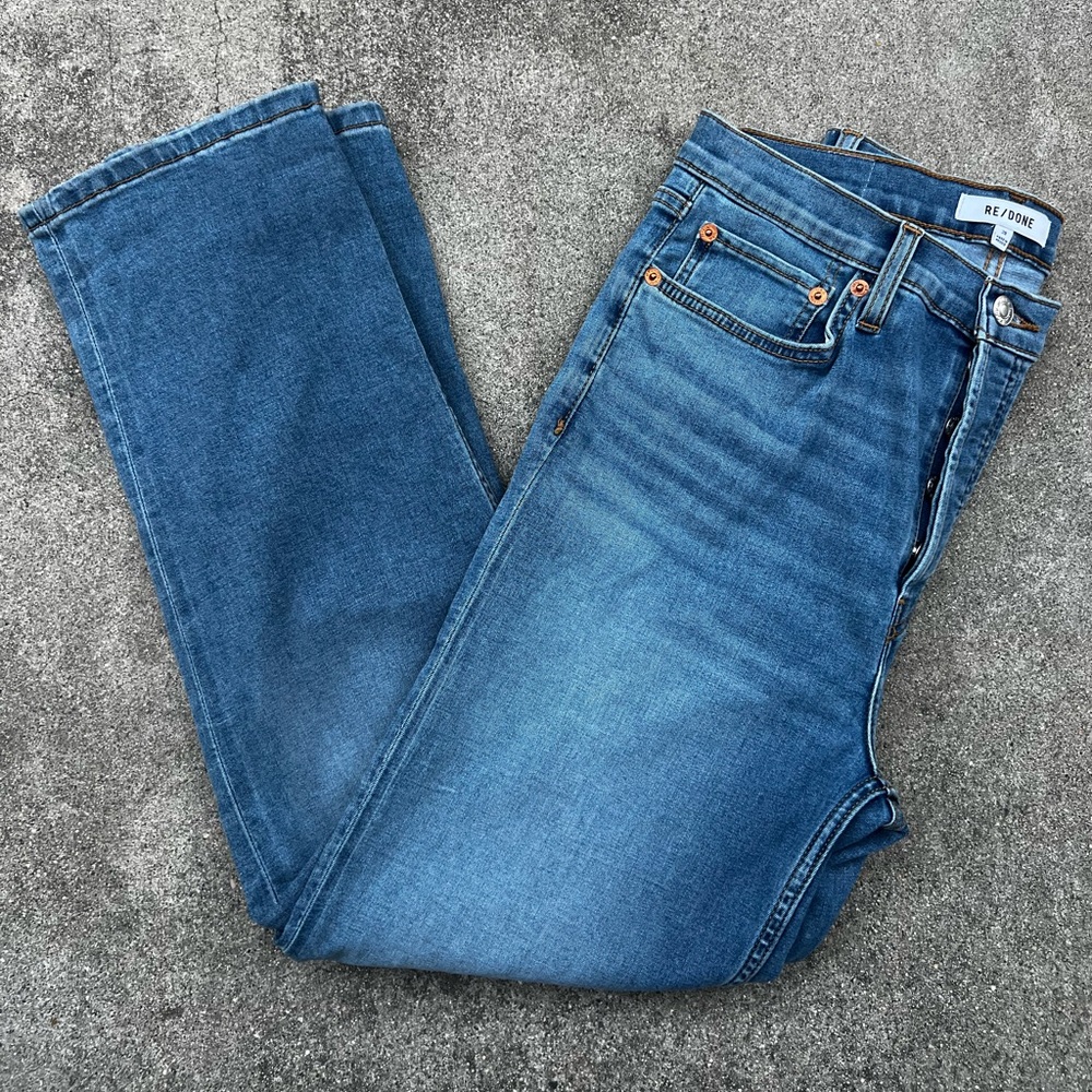 RE/DONE Women's High Rise Straight Leg Vintage Faded Blue Jeans Size 28